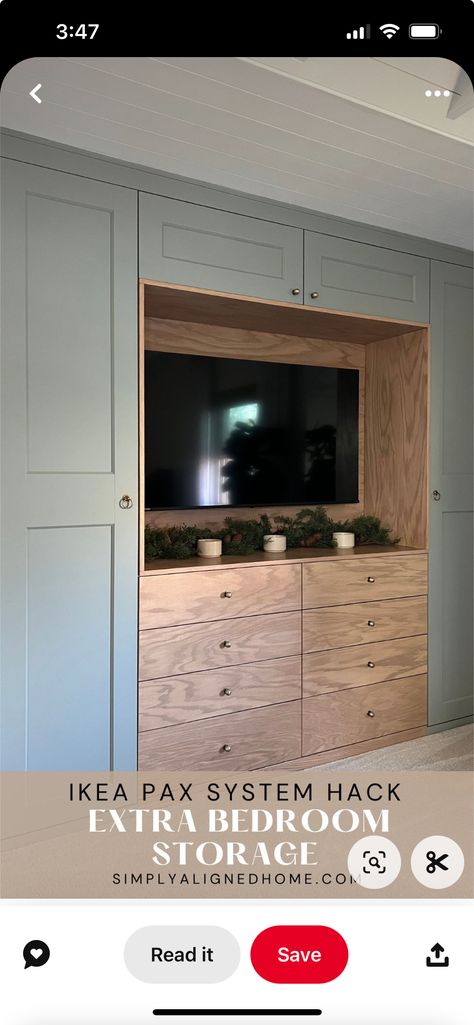 Built Ins In Master, Built In Tv Closet, Ikea Closet With Tv, Ikea Wardrobe With Tv, Diy Ikea Built Ins Bedroom, Pax Wardrobe Tv, Bedroom Tv Wardrobe Built Ins, Ikea Bedroom Furniture Ideas, Ikea Hack Cabinets Built Ins