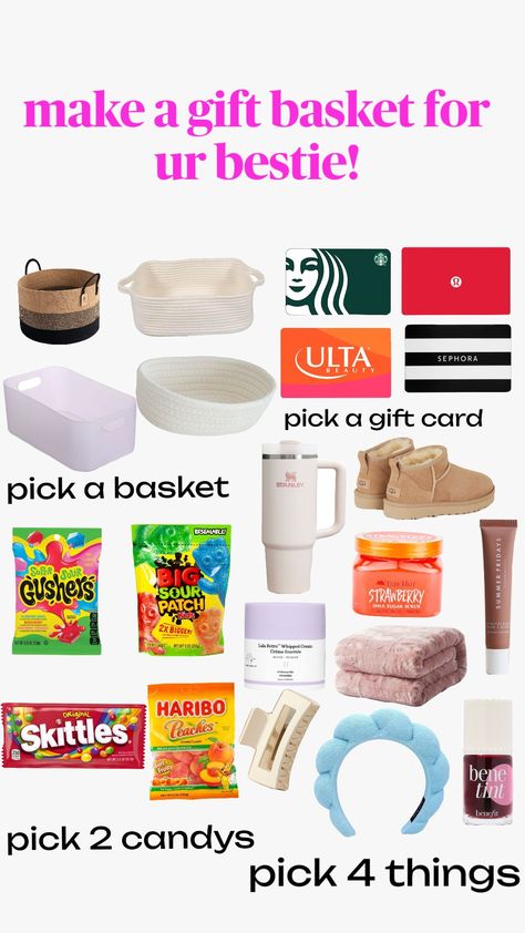 make a gift basket for ur bestie #giftbasket #slay #bestie #presents #athstetic #pink #sephora #ulta @TamTamGrwm Gift Basket Under $25, Make Your Own Gift Basket, But Basket Ideas, Burr Basket For Best Friend, Bestie Basket Gift Ideas, Best Friend Basket, Birthday Basket For Best Friend, Gift Baskets For Friends, Bur Basket