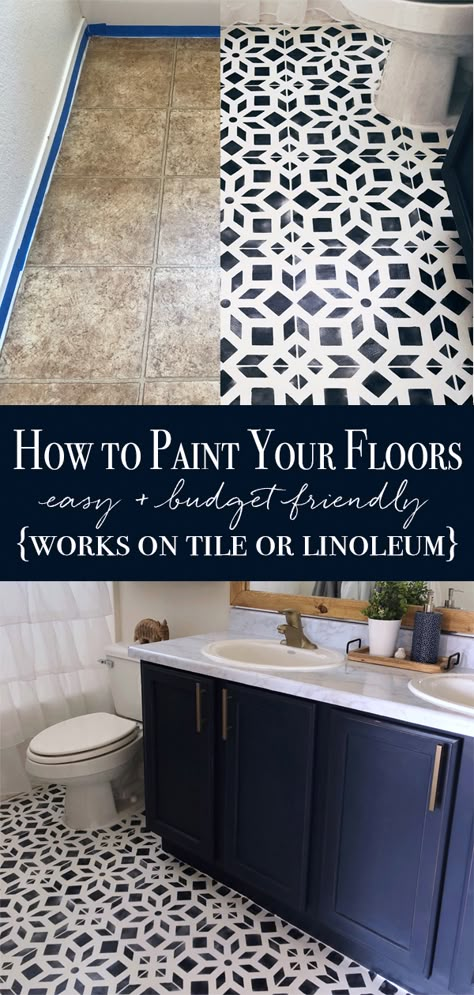 how to paint linoleum, how to paint tile, painted bathroom floor, diy painted floor, bathroom makeover, tile stencil, affordable diy home project, bathroom makeover, bathroom inspiration, chalk painted floor, how to chalk paint a floor #BathroomRemodel Painting Linoleum Floors, Painted Bathroom Floors, Paint Linoleum, Diy Painted Floors, Bathroom Renovation Diy, Painted Bathroom, Painted Floor, Tile Stencil, Bad Inspiration