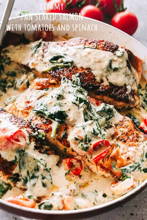 Creamy Spinach Salmon Recipes, Fish With Spinach Recipes, Cream Sauce With Evaporated Milk, Salmon And Creamed Spinach, Salmon And Coconut Milk Recipes, Salmon With Coconut Milk, Salmon And Tomato Recipes, Salmon In Coconut Milk, Salmon With Spinach Cream Sauce