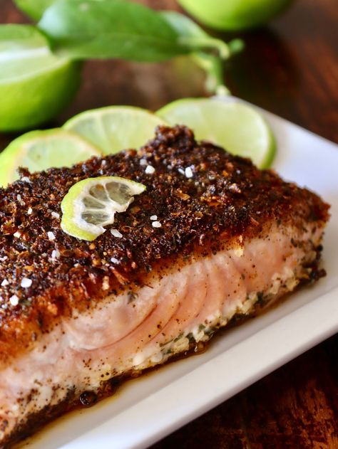 This Mexican Salmon is flavored with lime and a blackened crust made of aromatic and delicious spices: Ancho chile, garlic, onion and oregano. It's super easy for a busy weeknight and super impressive for a weekend dinner party. #salmon #Mexicansalmon #blackenedfish #oregano #limes #onions #anchochiles #fishdinner #garlic Mexican Salmon Recipes, Salmon Enchiladas, Mexican Salmon, Blackened Salmon Recipes, Bday Dinner, Blackened Salmon, Lime Salmon, Lime Recipes, Dream Food