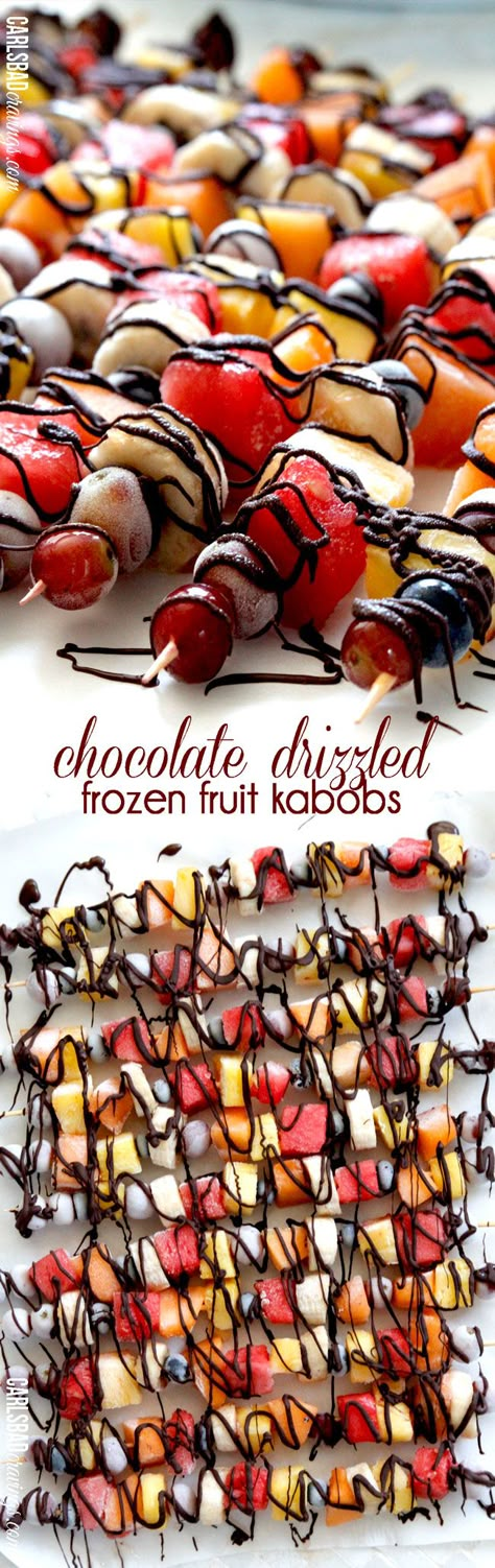 Have you ever had frozen fruit?  It tastes like candy! Freeze your favorite fruit then drizzle with chocolate for the perfect light dessert, refreshing snack, or guiltless indulgence. I make these ahead of time and keep them in my freezer to munch whenever I have a chocolate fruit craving! Freeze Fruit, Dipped Fruit, Fruit Kebabs, Light Dessert, Fruit Chocolate, Refreshing Snacks, Fruit Skewers, Fruit Kabobs, Frozen Fruits