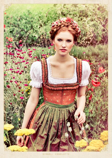 ISSUU - Lena Hoschek Tradition Spring/Summer 2013 by Lena Hoschek German Hairstyle, Oktoberfest Hair, Dirndl Hairstyles, Bavarian Costume, Beer Girl Costume, German Dress, Oktoberfest Outfit, Beer Girl, Lena Hoschek