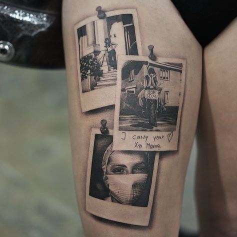 Polaroid Picture Tattoo, Portrait Tattoo Sleeve, Brothers Tattoo, Dragons Tattoo, Polaroid Picture, Tattoo For Son, Back Of Shoulder Tattoo, Family Tattoos, Tattoo Outline