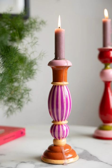 Colourful Candlestick Holder in Pink Stripes | Rockett St George Cool Candle Holders, Painted Wooden Candle Holders, Pink Objects, Painted Candle Holders, Funky Candles, Pink Dinner, Wooden Candlestick Holders, Wooden Candlestick, Painted Candlesticks