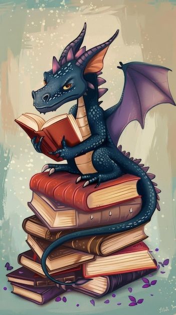 Dragon And Books Tattoo, Open Book Dragon Tattoo, Book Dragon Wallpaper, Dragon Coming Out Of A Book Tattoo, Dragon Reading A Book, Steampunk Dragon, Dragon Illustration, Card Banner, Tree Tattoo