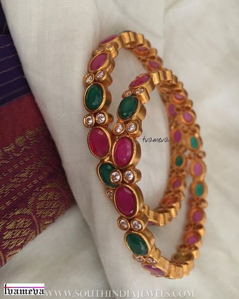 Gold Plated Ruby Emerald Bangle From Tvameva Indian Brides Jewelry, Brides Jewelry, 22k Gold Bangles, Ruby Bangles, Pure Gold Jewellery, New Gold Jewellery Designs, Traditional Ornaments, Bangles Gold, Jewelry Designing