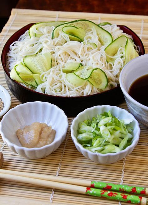 Japanese Chilled Somen Noodles with Dipping Sauce Somen Noodle Recipe, Most Popular Meals, Japanese Cold Soba Noodle Recipe, Popular Meals, Somen Noodles, Dashi Recipe, Japanese Cucumber, Wheat Noodles, Recipes Asian