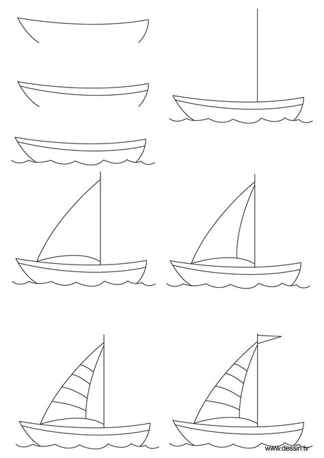 How to draw a sailboat, step-by-step. (Click to enlarge, then shrink-to-fit 85% to fit on one page.) (art, kids, drawing lesson)