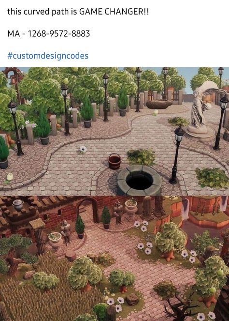 Curved Cobblestone Path, Acnh Paths Cobblestone, Animal Crossing Walking Path, Animal Crossing Cobblestone Path Design, Animal Crossing Simple Panel Ideas, Natural Paths Animal Crossing, Acnh Culdesac Path, Acnh Cobblestone Path Design, Acnh Curved Brick Path