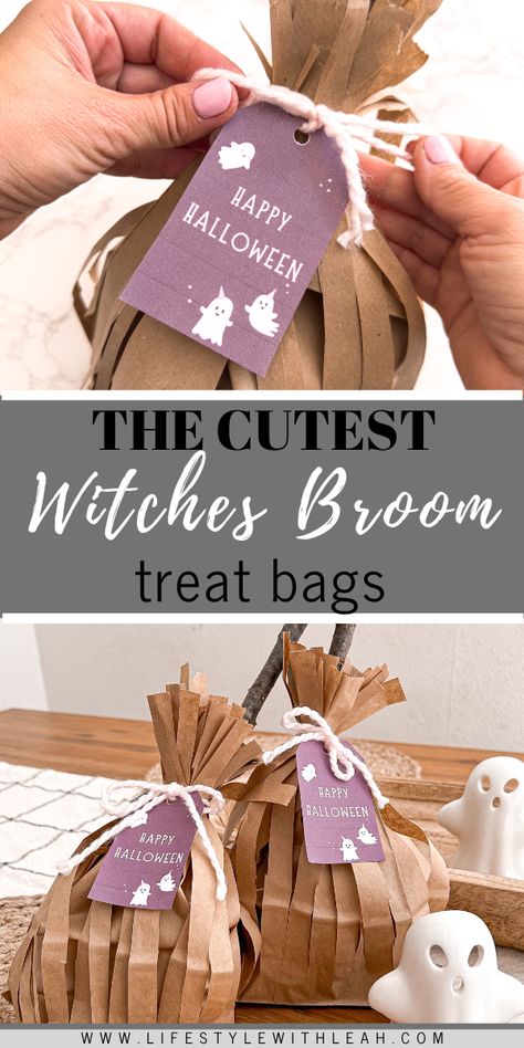 Learn how to make spooky and cute witches treat bags with step-by-step instructions up on the blog! Free Halloween tag printable is included! Paper Bag Treat Bags, Broom Treat Bags, Make Witches, Free Printable Gift Certificates, Halloween Paper Bags, Diy Treat Bag, Cute Witches, Halloween Witch Brooms, Brown Paper Lunch Bags