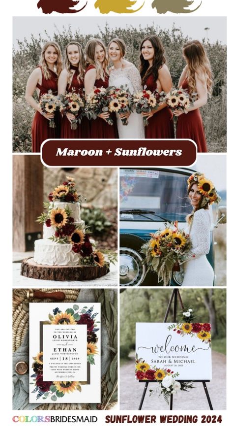 Sunflower Wedding Colors, Maroon Sunflower, Wedding Colors 2024, Fall Sunflower Weddings, Orchid Bridesmaid Dresses, Royal Blue Wedding Theme, Maroon Bridesmaid, Yellow Wedding Colors, Sunflower Wedding Cake