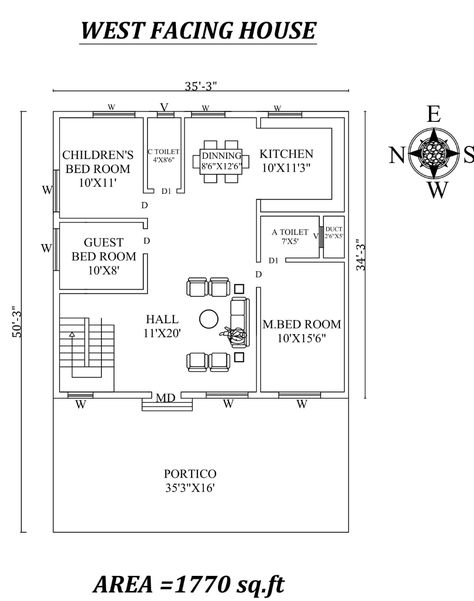 Autocad Drawing file shows 35' X 50' Beautiful 3bhk West facing House Plan As Per Vastu Shastra. The total buildup area of this house is 1770 sqft. The kitchen is in the Southeast direction. Dining is in the East Direction. The Hall is Placed in the northwest direction of the house. The master bedroom available in the southwest direction with the attached toilet is in the south direction. kid's bedroom is in the Northeast direction. The guest bedroom is available in the north direction. The comm North West Facing House Plan, West Facing 3bhk House Plans Vastu, 35×50 House Plan, West Facing 3bhk House Plan, 35x50 House Plans 3 Bedroom, 30 40 West Facing House Plan, West Facing House Plans Vastu 30*50, West Face House Plan Vastu, Hall Layout Plan