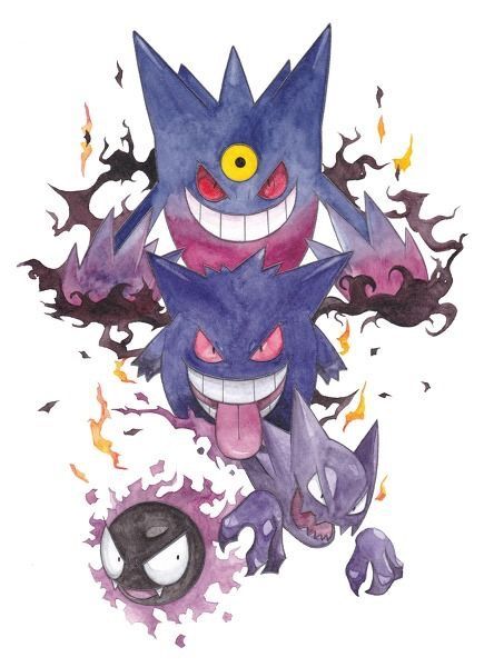 Gengar Evolution Art, Gengar Evolution Tattoo, Ghastly Evolution, Pokeball Tattoo, Gengar Evolution, Mega Gengar, Dark Pokémon, Ghost Type Pokemon, Gengar Pokemon