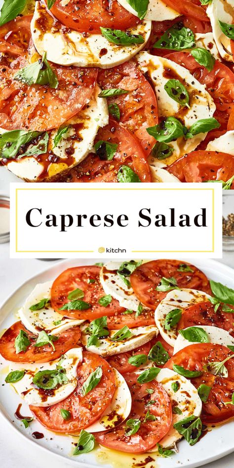 Easy Caprese Salad, Healthy Dinner Salads, Caprese Salad Recipe, Basil Olive Oil, Tomatoes Mozzarella, Healthy Salad, Balsamic Glaze, Dinner Salads, Tomato Recipes