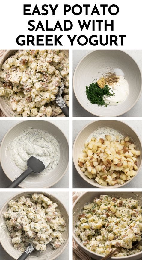 This easy, creamy potato salad gets a burst of flavor and its creamy texture from plain Greek yogurt! Start by boiling diced red potatoes in some salty water, then toss cooked potatoes with a quick dressing made of Greek yogurt, dill, and a bit of mustard. This lightened up potato salad is perfect for meal prep and a great summer side dish: make it ahead of time and keep it in the fridge for a potluck or BBQ! A perfect, protein-packed option if you're looking for a healthy potato salad recipe! Yogurt Potato Salad, Cabin Meals, Healthy Potato Salad, Healthy Potato Salad Recipe, Potato Salad Dill, Cooked Potatoes, Healthy Potato, Potato Salad Healthy, Classic Potato Salad