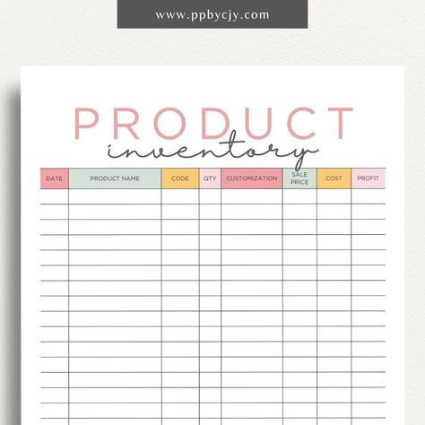 Elevate your business management with our Custom Product Inventory Tracker, an essential tool designed to streamline the organization and tracking of your unique products. Crafted with versatility and precision in mind, this tracker provides a comprehensive framework for recording and managing all aspects of your custom product inventory. Whether you offer handmade crafts, personalized gifts, or bespoke services, our printable template empowers you to stay on top of your inventory with ease. Wit Small Business Inventory Organization, Product Inventory Printable Free, Inventory Tracking, Inventory Tracker Free Printable, Small Business Inventory Spreadsheet, Business Inventory Tracker, Small Business Printables, Business Binders, Inventory Printable