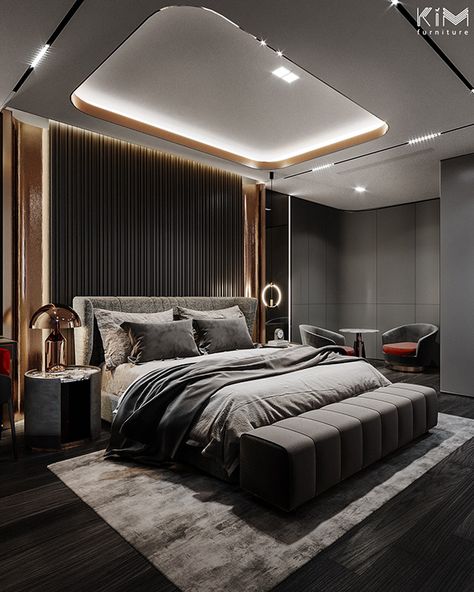 Penthouse Ancora ver.02 on Behance Futuristic Home Interior Master Bedrooms, Dark Theme Bedroom, Penthouse Bedroom, Baddie Bedroom Ideas, Dream Bedrooms, Theme Bedroom, Wall Panels Bedroom, Creative Bedroom, Dark Theme