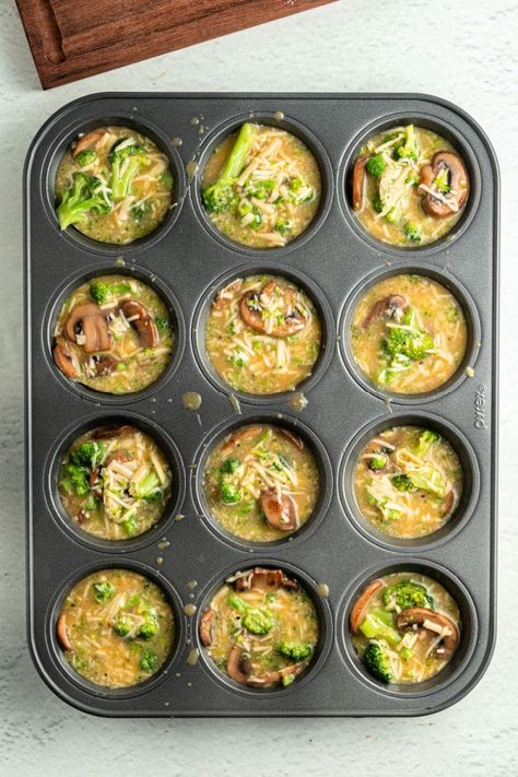 This is how to make crustless broccoli quiche in a muffin tin! A low carb easy egg breakfast or dinner idea that's quick to bake. Quiches In Muffin Tin, Mini Quiches In Muffin Tin, Mini Egg Quiche, Crustless Quiche Muffins, Easy Mini Quiche, Muffin Tin Quiche, Crustless Broccoli Quiche, Mini Quiche Recipe, Easy Egg Breakfast