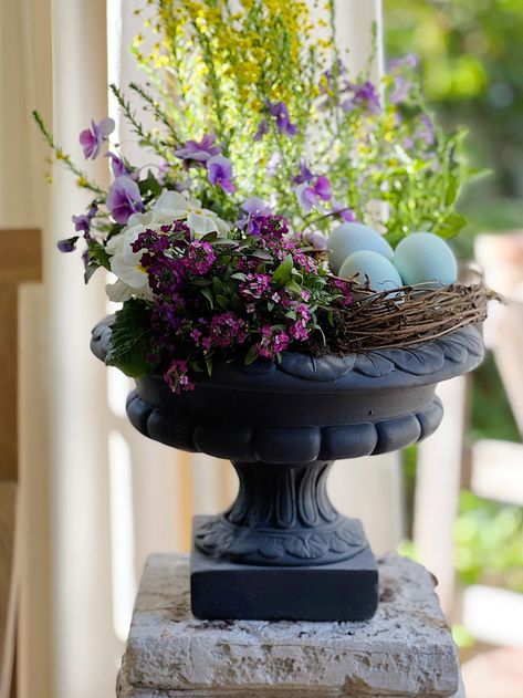 I made two outdoor Easter decorations for our porch. I made my own footed planters in less than an hour and they were easy to make. Easter Planters, Footed Planters, Outdoor Easter Decorations Diy, Outdoor Easter Decor, Porch Urns, Easter Porch Decor, Easter Outdoor, Spring Planter, Spring Porch Decor