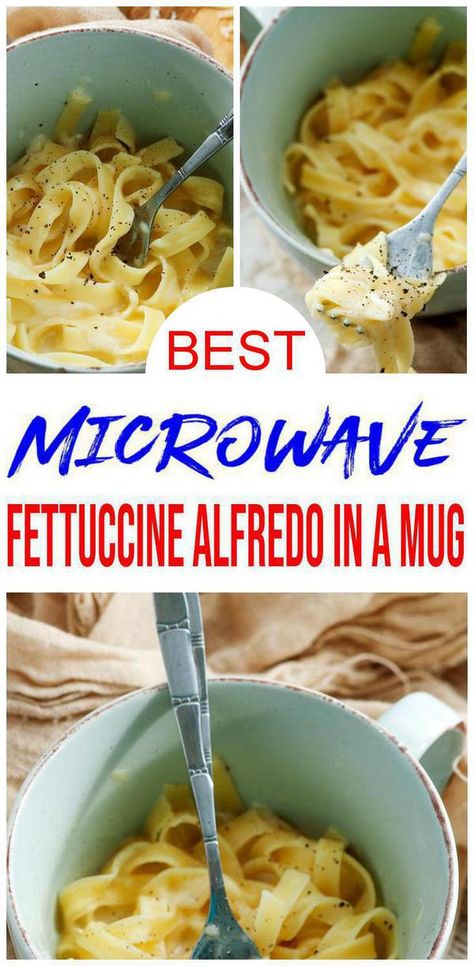 Check out this DELICIOUS microwave fettuccine alfredo in a mug. Simple microwave fettuccine alfredo for easy dinner, lunch or snacks.Tasty & delish mug pasta kids & adults love. Yummy homemade pasta in the microwave. DIY fettuccine alfredo recipes that is quick & simple. Microwave fettuccine alfredo in mug for quick dinner or quick lunch. Single serve pasta recipe for individual servings. Great New Years recipe or gameday food. For more #pizza recipes see KimspiredDIY #dinner Mug Recipes Dinner, Mug Food Recipes, Dorm Foods, Dorm Food Ideas, Best Microwave Meals, Microwave Foods, Dorm Meals, Easy Fettuccine, Mug Meals