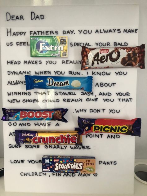 father gift present chocolate card message cute fun lollies Card With Chocolate Bars, Birthday Card With Chocolate Bars, Dad Chocolate Bar Poem, Father’s Day Candy Pun, Paper Child, Chocolate Card, Father Gift, Dad Cards, Gifts For Father