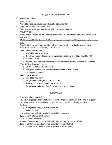 Lab Test Intravenous Push and Intravenous Piggbyack - IV Piggyback & IV Push Medications  3 - Studocu Lecture Notes, Nursing Education, Lectures Notes, Personality Disorder, Any Book, Holistic Health, Nursing, Lab, Checks