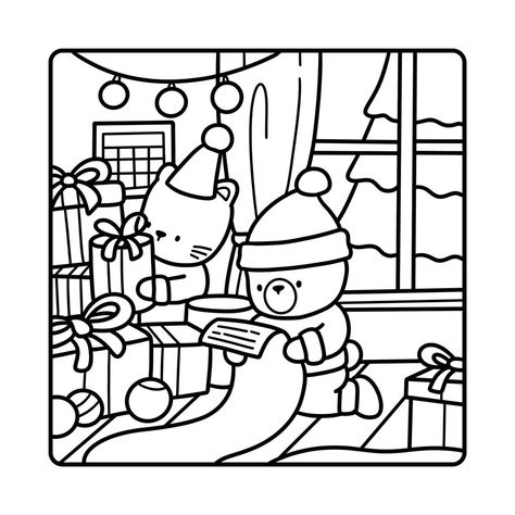 Christmas Cozy Coloring Pages, Detailed Christmas Coloring Pages, Cocowyo Coloring Pages Christmas, Cute Coloring Pages Bobbie Goods, Aesthetic Colouring Sheets, Aesthetic Christmas Coloring Pages, Hygge Drawing, Cozy Coloring Pages, Christmas Coloring Pages For Adults