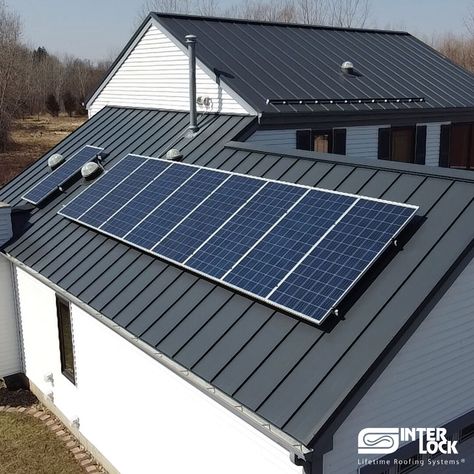 Carpentersville, IL 🇺🇲 — "In less than 7 days our roof was complete. It was a pleasure to have Interlock Metal Roofing replace our roof. Our whole neighborhood has commented on the sleek neat look." Deep Charcoal Interlock Standing Seam Metal Roof with Solar Crystalline Panels. Get your Free Quote @ www.chicagolandmetalroofing.com Metal Roofing Systems, Black Metal Roof, Galvanized Roofing, Zinc Roof, Standing Seam Roof, Standing Seam Metal Roof, Roofing Company, Cedar Shingles, Metal Roofing