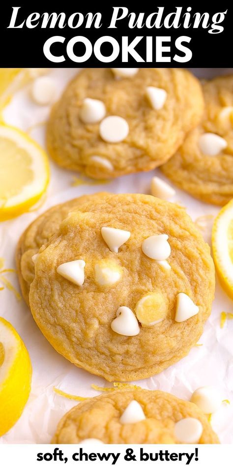 These Lemon Pudding Cookies are super soft, chewy, buttery, and loaded with bright lemon flavor. Made with instant lemon pudding and couldn’t be easier to make! This recipe feeds a crowd and everyone will love them- especially lemon lovers! Easy Lemon Pudding, Lemon Pudding Cookies, Fun Rice Krispie Treats, Cookies With White Chocolate Chips, Mini Lemon Cheesecakes, Lemon Cookies Easy, Cookies With White Chocolate, Chocolate Chip Pudding Cookies, Homemade Toffee