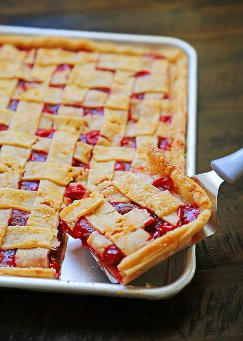 Healthy Cherry Pie Recipes, Sheet Pan Pies Easy, Cherry Slab Pie Recipe, Pie Sheet Pan, Best Cherry Pie Recipe, Cherry Slab Pie, Slab Pie Recipes, Slab Pies, Sweet Cherry Pie