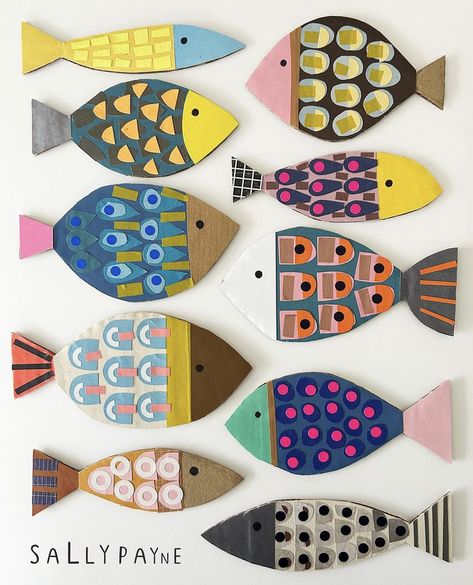 Sally Payne, Kids Collage, Collage Art Projects, Fish Crafts, Cardboard Art, School Art Projects, Phish, Camping Crafts, Camping Art