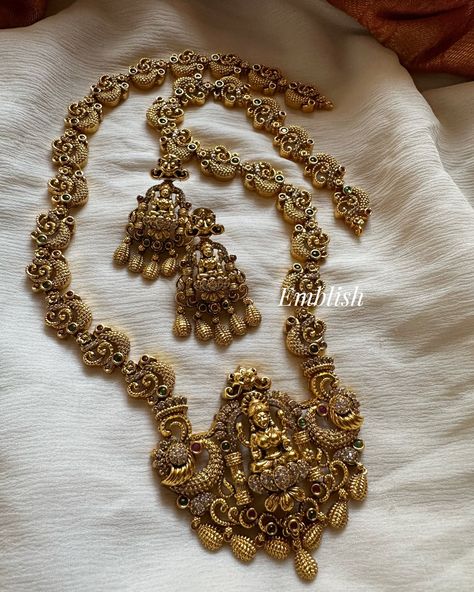 Lakshmi with Double Peacock Long Neckpiece For Rs 2450 Product I’d 3365 Shop from our website emblish.in #emblish #emblishcoimbatore #antiquejewellery #haram #southindianjewels #nakshineckpiece #telugubrides #hyderabadbride . . . (Haram ,temple jewellery, lakshmi haram ,bridal haram ) Long Neckpiece, Temple Jewellery Set, Lakshmi Haram, Brother Wedding, China Country, Indian Gold Jewellery Design, Marriage Ideas, Wedding Jewelry Sets Bridal Jewellery, Gold Temple Jewellery