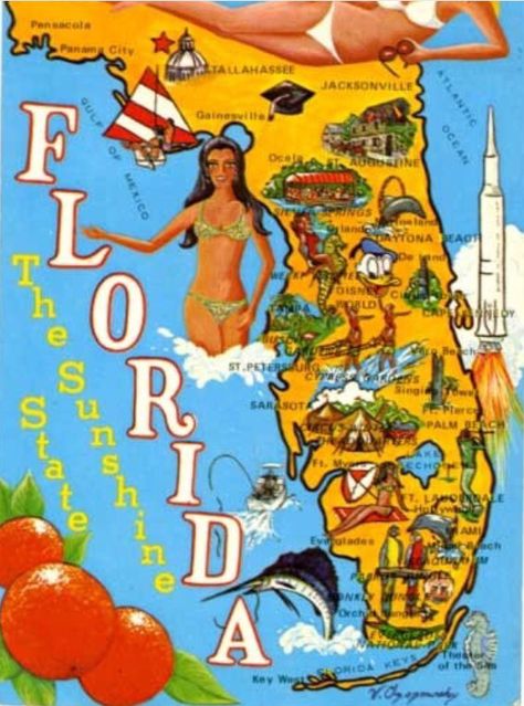 Florida State Map, Florida Postcard, Florida Map, Postcard Vintage, Postal Vintage, Map Of Florida, Old Florida, Vintage Florida, Vero Beach