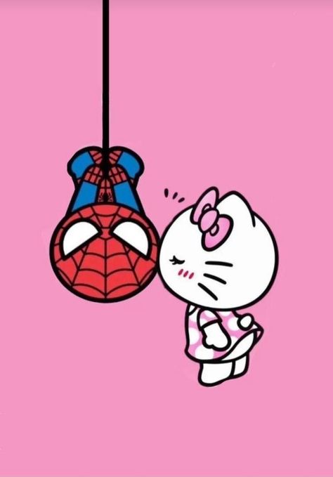 Spider Man With Hello Kitty, Spiderman And Hello Kitty Pfp, Spiderman Love Drawing, Hello Kitty Spider-man, Spider Man X Hello Kitty, Hello Kitty Spiderman Wallpaper, Hello Kitty X Spiderman, Pink Spiderman, Spider Man Hello Kitty