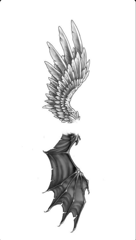 Angel Wing Demon Wing Tattoo, Angel And Demon Neck Tattoo, Demon And Angel Wings Tattoo, Tattoos Wings Back, Angel Demon Wings Tattoo, Men Wing Tattoo, Wings Collar Bone Tattoo, Dark Angel Wings Tattoo, Tramp Stamp Wings