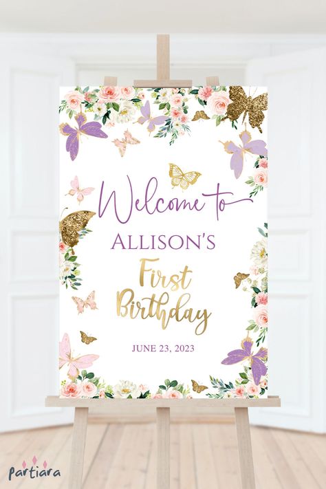 Self-editable 20x30” welcome sign - follow the link for details and free demo! ♦ Easily edit online in your browser then download and print ♦ Celebrate a 1st birthday with a garden party, this floral butterfly welcome sign is embellished in purple lilac and gold – making a spring summer sensation ♦ #welcomesign #birthdaysign #girlbirthdaysign #enchantedgarden #butterflygarden #floralbutterfly #butterflywelcome #birthdaybutterflies #editablepartysign #girlwelcomesign 1st Birthday Butterfly, Butterfly Welcome Sign, Birthday Butterfly, Floral Party Decorations, Forest Birthday, Birthday Welcome Sign, Butterfly Birthday, Floral Party, Gold Text