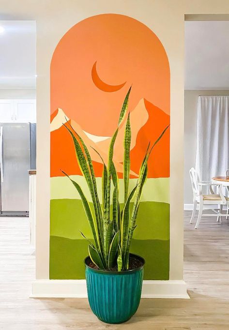 East Wall Mural, Groovy Wall Mural, Wall Painting Ideas Cafe, Simple Mural Art, Funky Wall Paint Ideas, Boho Mural, Accent Wall Mural, Landscape Mural, Minimal Landscape