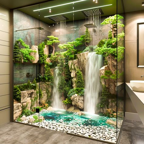 Unveiling the Art of Nature: Transform Your Space with Epoxy Nature Showers - ArtistryApex.com Nature Wall Bathroom, Biophilic Bathroom Ideas, Waterfall Interior Design, Forest Shower Bathroom, Rainforest Inspired Bathroom, Garden Bathroom Ideas, Paradise Bathroom, Rainforest Bathroom, Rainforest Shower Bathroom