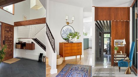 Mcm Foyer, Modern Entryway Ideas, Mid Century Modern Entryway, Wooden Paneling, Creating An Entryway, Emily Henderson Design, Timeless Interior, Mcm Design, Walnut Furniture