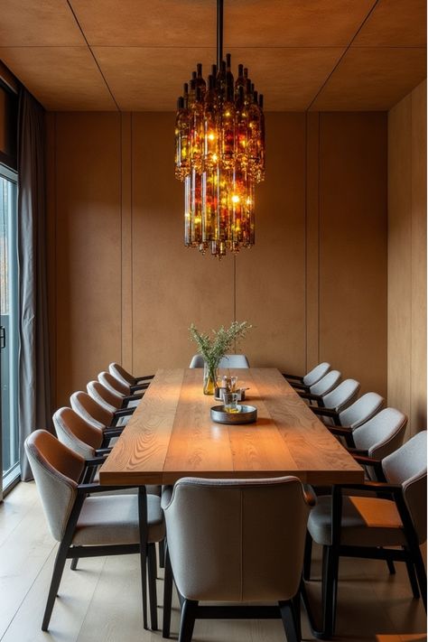 Elegant dining room with cork walls, teak table, and wine bottle chandelier Contemporary Dining Room Ideas, Natural Dining Room, Repurposed Wine Bottles, Dining Room Layout, Reclaimed Wood Table, Dining Room Contemporary, Sleek Furniture, Dining Room Ideas, Monochromatic Color Scheme