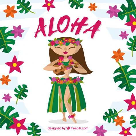 Fondo de linda chica hawaiana con flores y hojas vector gratuito Surfing, Shower, Design