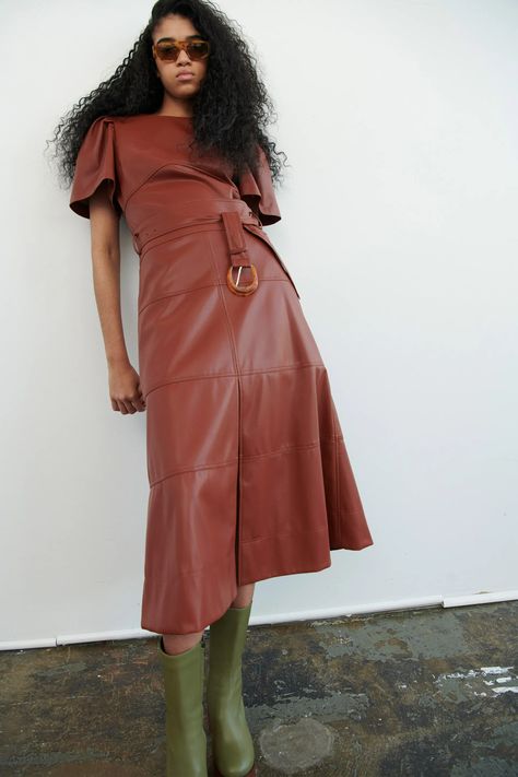 Tanya Taylor Fall 2023 Ready-to-Wear Fashion Show | Vogue Flamenco Skirt, Fall 2023 Ready To Wear, Herringbone Coat, 2023 Ready To Wear Collection, Leather Midi Dress, 2023 Ready To Wear, Tanya Taylor, Green Maxi, Runway Trends