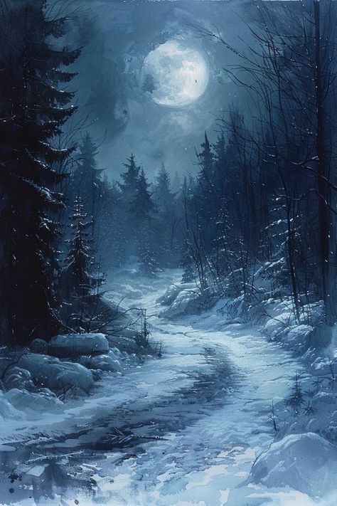 Hunt Aesthetic, Snow Night, Forest Drawing, Dark Nature, Winter Landscape Painting, Snow Forest, Painting Snow, Environment Art, Night Forest