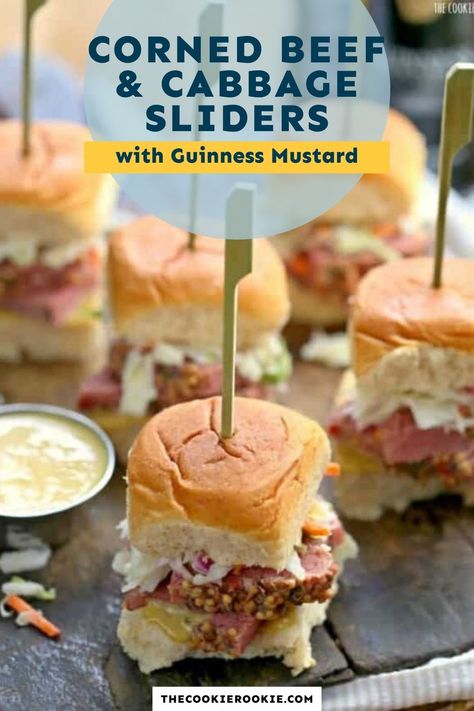 Corned Beef And Cabbage Sandwich, Corned Beef Sliders Irish, Cornbeef Cabbage Sliders, Corned Beef And Cabbage Sliders, Corn Beef Appetizers, Corned Beef Sandwich Ideas, Corn Beef Sliders, Guinness Mustard, Cabbage Carrots And Potatoes