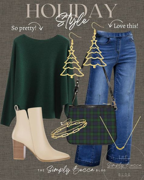 Christmas Train Ride Outfit, Hunter Green Pants Outfit Winter, Christmas Outfit Green Pants, Casual Christmas Outfits 2024, Relaxed Christmas Outfit, Green Velvet Top Outfit, Winter Colors Outfits, Preppy Women Outfits, Christmas Outfit Work