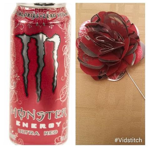 Lapel Flower made from upcycled Monster Ultra Red Energy drink can Things You Can Do With Monster Cans, Monster Can Monster, Monster Can Flower, Monster Can Art Ideas, Monster Energy Drink Can Crafts, Monster Cans Crafts, Monster Tab Crafts, Monster Energy Crafts, Things To Do With Monster Cans