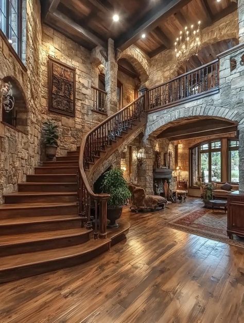 Rustic Saunas, Tuscan Houses, Foyer With Stairs, Modern Rustic Cabin, Rustic Foyer, Staircase Styles, Rustic Cabins, Luxury Log Cabins, Hacienda Style Homes