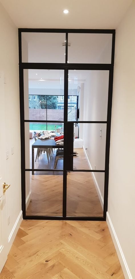 We supply and fit FD30 rated, fire tested internal steel doors in Crittall style. Our doors look great and allow light to flood in. Timber Door Frame, Black Internal Windows, Internal Glass Doors Hallways, Crittal Doors Hall, Crittal Doors Entrance Hall, Internal Crittal Doors, Crittal Internal Door, Internal Fire Doors, Internal Fire Doors Glazed