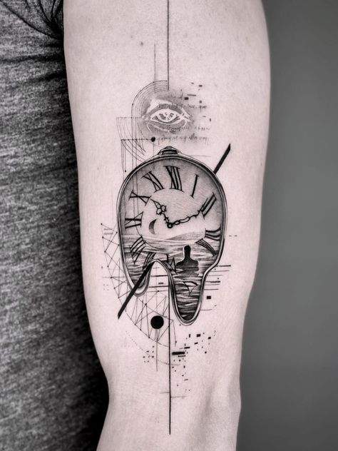 Clock Tattoo Design For Men, Tattoo Design For Men, Geometric Tattoo Leg, Geometric Tattoo Sleeve Designs, Mangas Tattoo, Surreal Tattoo, Hourglass Tattoo, Clock Tattoo Design, Inspiration Tattoos